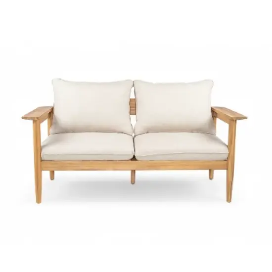 Christopher Knight Home Kara 61" Outdoor Acacia Wood Loveseat with Water-Resistant Cushions and Slat Open Back image {3}