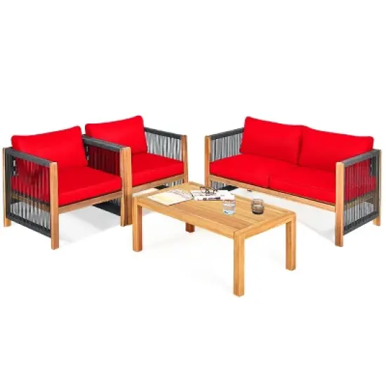 Tangkula Outdoor Patio Wood Conversation Furniture Set Padded Chair with Coffee Table Red/Turquoise image {4}