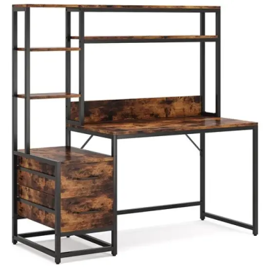 Resenkos Computer Desk, Gaming Desk,60" Tall Computer Desk Writing Table with 2 Drawers and Storage Shelves,Rustic image {3}