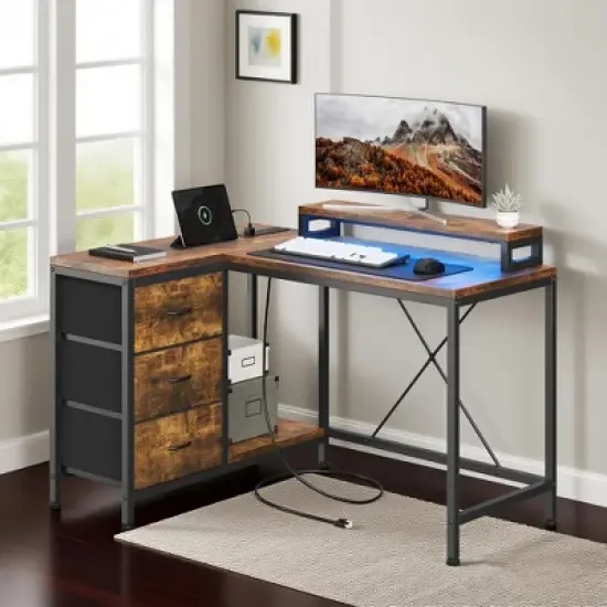 ODK L Shaped Computer Desk with Drawers Shelves Corner Gaming Desk Home Office Workstation Modern Ergonomic Design image {12}