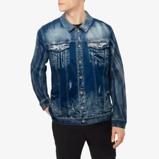 RAW X Men's Washed Ripped Distressed Flex Stretch Casual Trucker Biker Jean Jacket image {3}