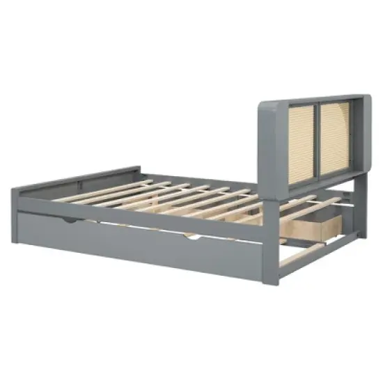 Queen Size Bed Frame with Trundle, Wood Platform Bed with Rattan Headboard & 2 Drawers, Wooden Slats Support, No Box Spring Required image {2}