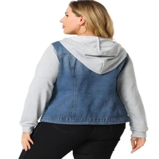 Agnes Orinda Women's Plus Size Denim Hood Drawstring Fall Winter Button Jean Jackets image {4}
