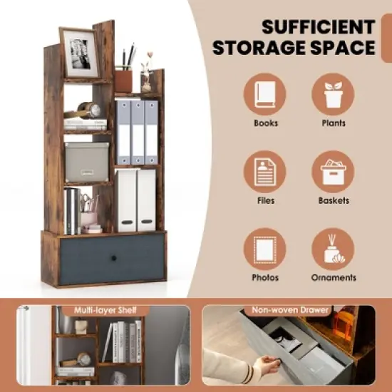 Costway Industrial Bookshelf Rustic Wooden Shelf Organizer with Non-woven Fabric Drawer image {7}