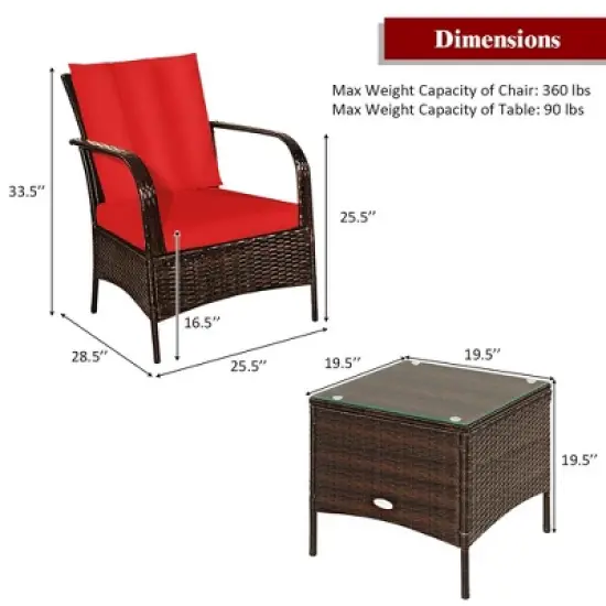 Costway 3 PCS Patio Rattan Furniture Set Coffee Table & 2 Rattan Chair W/Red Cushions image {2}