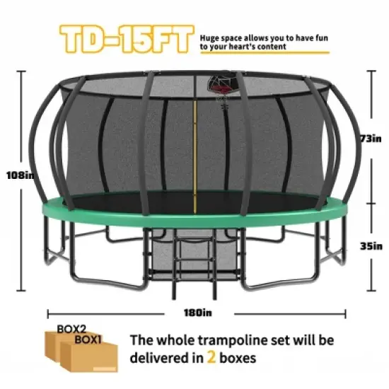 QingMoon 15 FT Pumpkin Style Big Trampoline With Basketball Hoop Ladder Enclosure Net And Anti Rust Coating Easy To Install For Kids & Adults image {1}