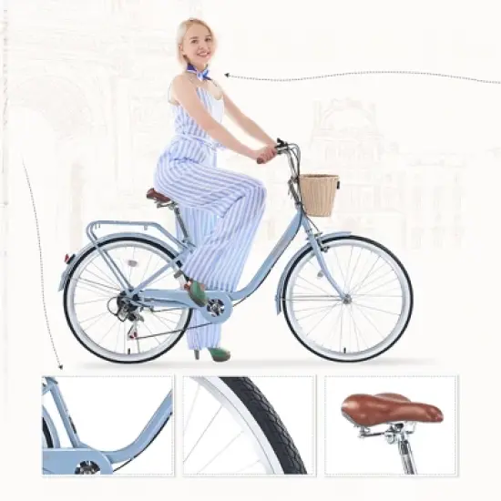 INFURNIC Bicycles, 26 Inch Ladies Bicycle with Basket, Commute Bicycle Women Ladies, Blue, 66.93"*24.8"*41.34" image {3}