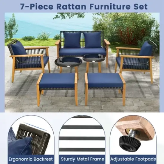 Costway 7 Piece Conversation Set Rattan Woven Chair Set with 2 Coffee Tables & 2 Ottomans image {8}