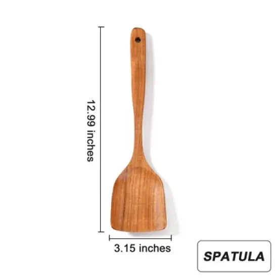 SUGIFT 9pc Non-Toxic Kitchen Utensils Set Natural Teak Wooden Cooking Utensils Set image {2}