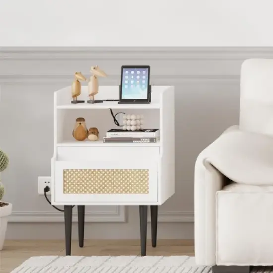 GustoWave Nightstands Set of 2, Natural Rattan End Table with Charging Station,  with Drawer and Storage Shelf for Bedroom, White image {5}