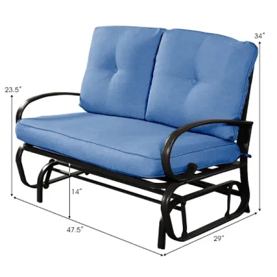 Costway Glider Outdoor Patio Rocking Bench Loveseat Cushioned Seat Steel Frame Blue image {1}