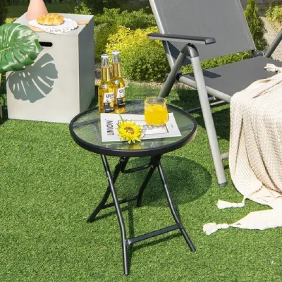 Costway Patio Folding Round Glass Side Table Bistro Coffee Table Plant Stand image {4}