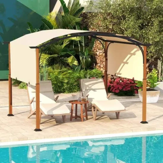 Costway 10 x 12 FT Outdoor Retractable Pergola with Retractable Canopy Wood Looking Posts Beige/Gray image {4}