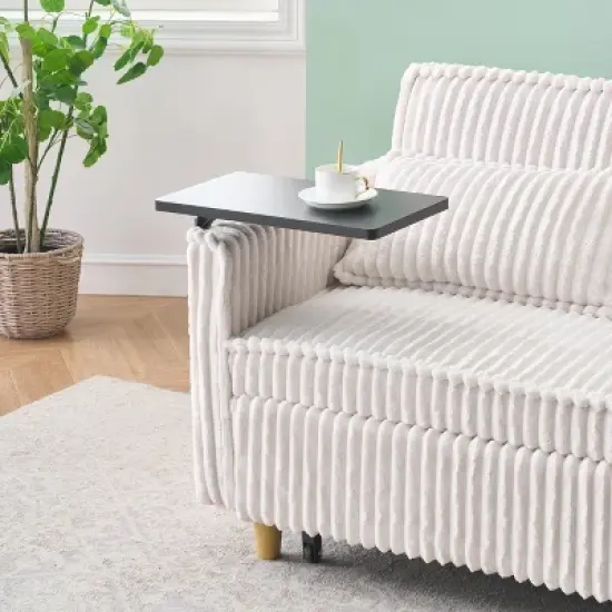 Dual-Function Pull-Out and Push-In Corduroy Sleeper Sofa Bed with Movable Table, 2 pillows and USB Ports, Couch for Small Apartments image {4}