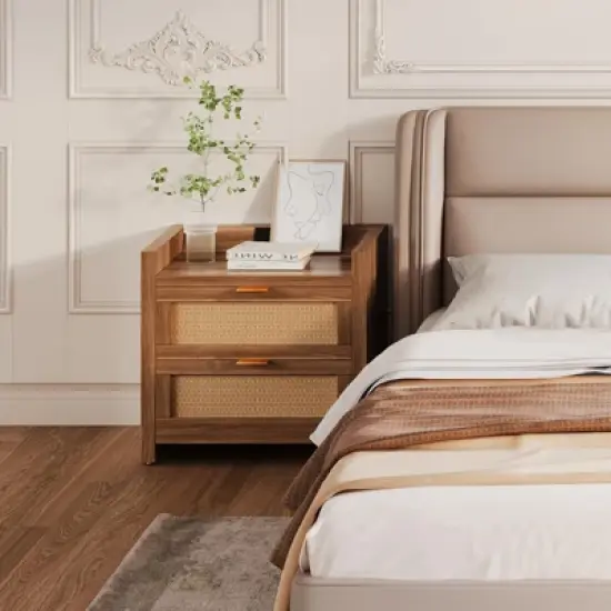 Night Stand Set of 2, Bedside Tables with Charging Station, Rattan End Tables, Boho Bed Side Tables, Wood Nightstands Set of 2 with Drawer image {6}