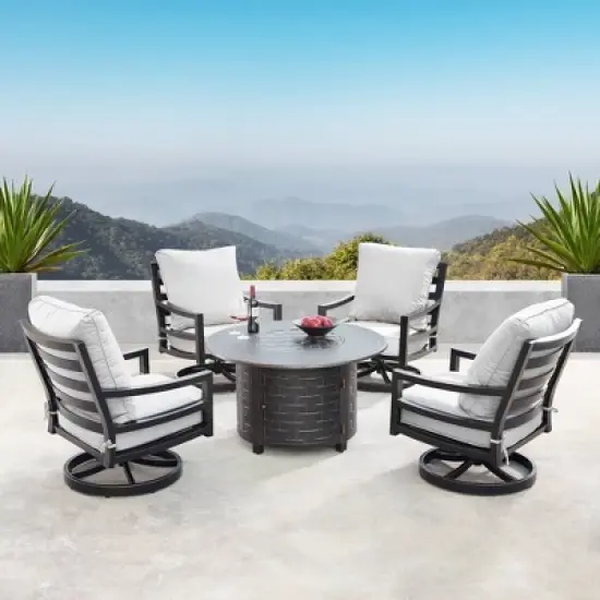 5pc Outdoor Fire Table Set with 44" Round Fire Table, 4 Deep Seating Swivel Rocking Chairs & Table Fabric Covers - Oakland Living image {1}