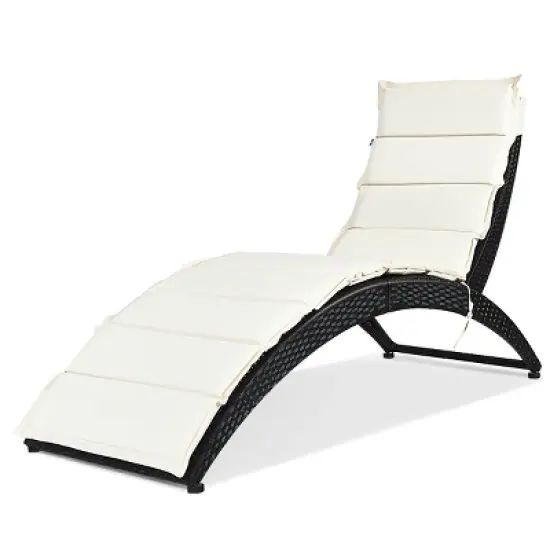 Costway 2PCS Folding Patio Rattan Lounge Chair Chaise Cushioned Portable Garden Black image {8}