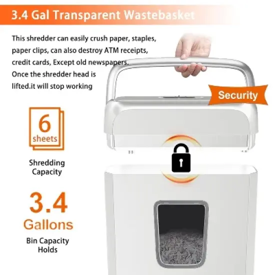 Bonsaii 6-Sheet Crosscut Paper Shredder for Home Use, Shreds Paper, Credit Cards, Staples, Clips, 3.4 Gal Wastebasket, White, with Handle image {3}