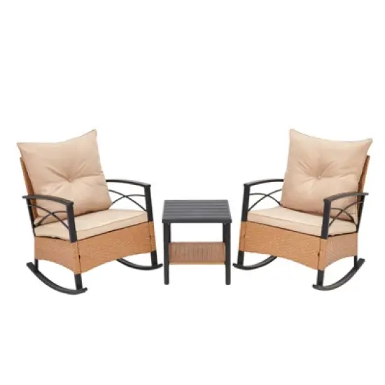 EROMMY 3-Piece Bistro Set,Outdoor PE Rattan Rocking Chairs with Cushions and Coffee Table,Patio Rocker Chair Set for Porch and Backyard image {2}