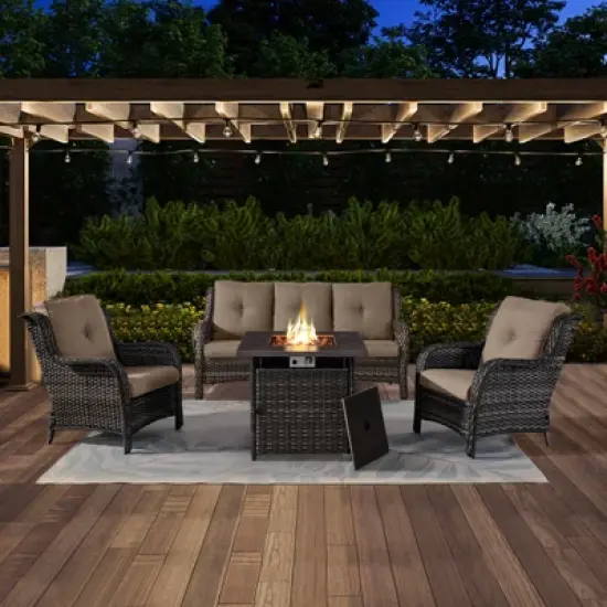 4 Pieces Patio Furniture Set with Fire Pit Table, Outdoor Sofa Set with 50000 BTU Fire Pit All Weather Wicker Patio Couch and Club Chair image {14}