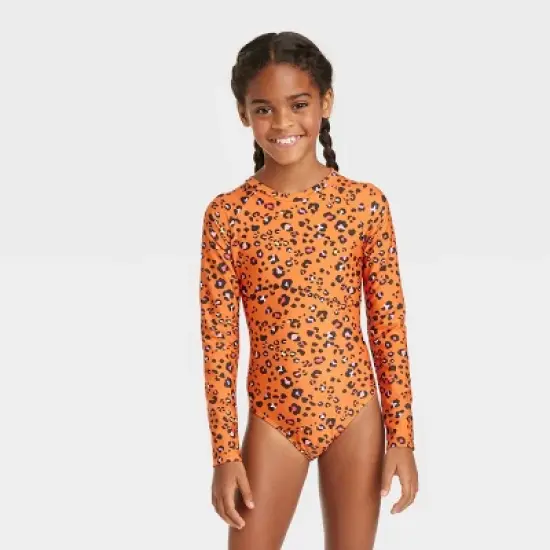 Girls' Spots of fun Long Sleeve One Piece Rash Guard Swimsuit - Cat & Jack&trade;️ Orange image {3}