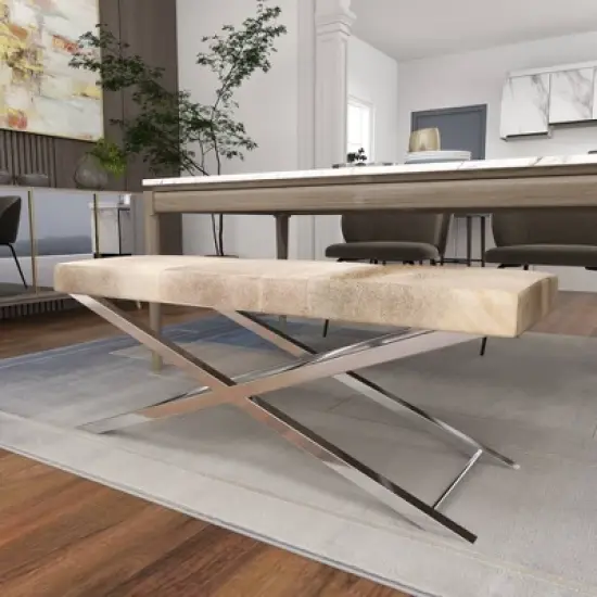 Contemporary Stainless Steel Cowhide X-Bench Beige - Olivia & May image {5}