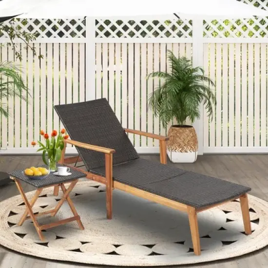 Costway Patio Rattan Chaise Lounge Chair Recliner Back Adjustable Acacia Wood Garden image {2}