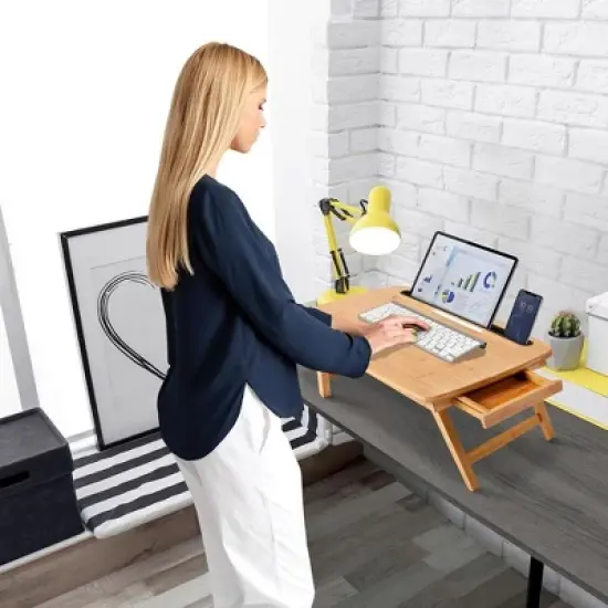 BirdRock Home Portable Sit or Stand Desk with Storage Drawer and Media Slot - Natural image {1}