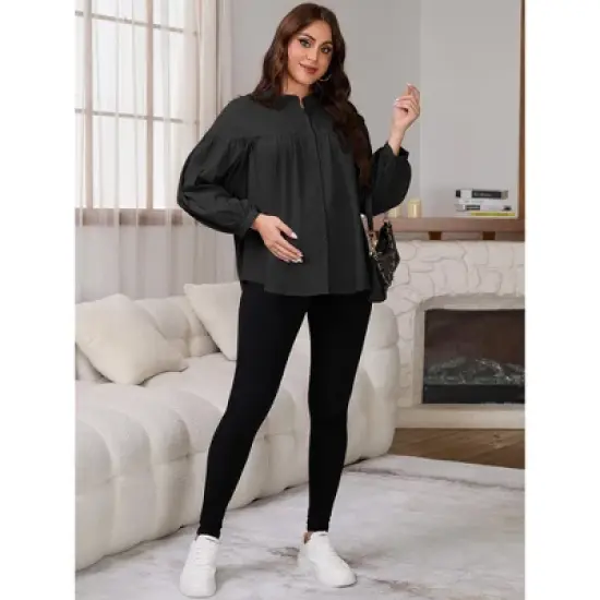 INSPIRE CHIC Women's Maternity Shirts Blouses Pleated Button Down Long Sleeve Pregnancy Nursing Top image {2}