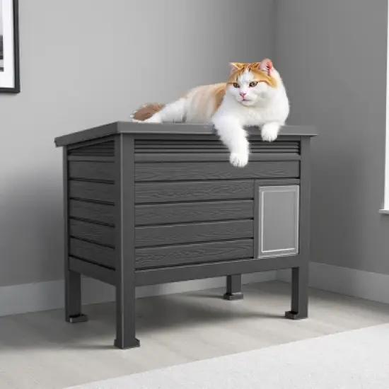 SEVOBAL Pet Crates and Houses Weatherproof Outdoor Shelter, PP Material with Door, Cozy Raised for Cats, Small Animals, Black, 31.02"*19.09"*26.73" image {3}