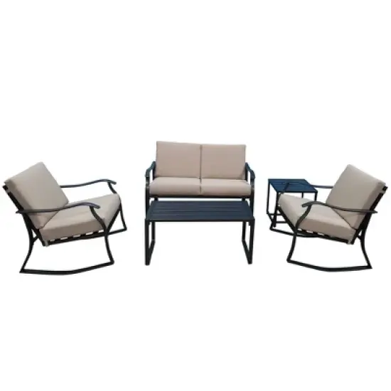5pc Metal Rectangular Outdoor Bistro Set with Cushions - Black/Beige - GODEER image {7}