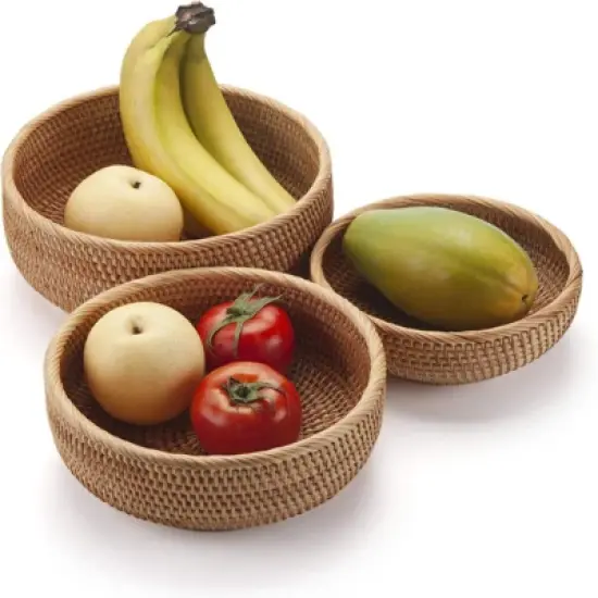 BRINJOY 3-Piece Stackable Round Rattan Basket Set - Natural Woven Storage Bowls for Fruits, Keys, Kitchen Counter (10.2", 9", 7.9") image {3}