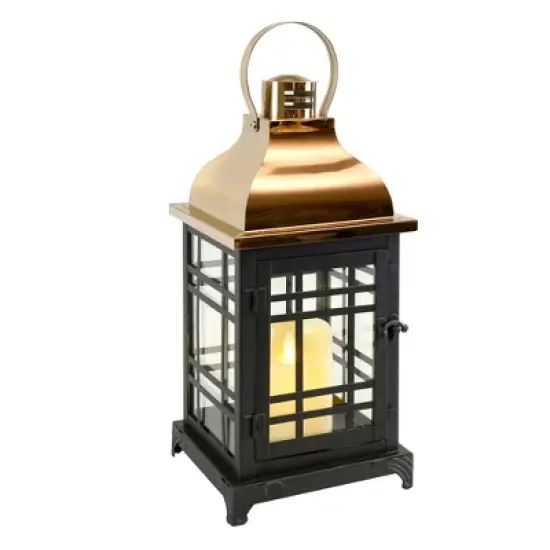 LumaBase Metal Lantern with LED Motion Flame Candle - Black with Copper Roof image {6}