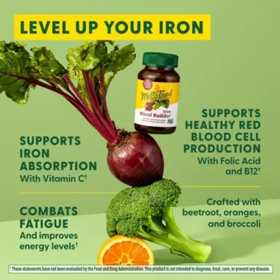 MegaFood Blood Builder - Iron Supplement To Increase Iron Levels w/o Side Effects - for Women w/ Vitamin C, Vitamin B12 & Folic Acid, Vegan, 90 Tabs image {2}