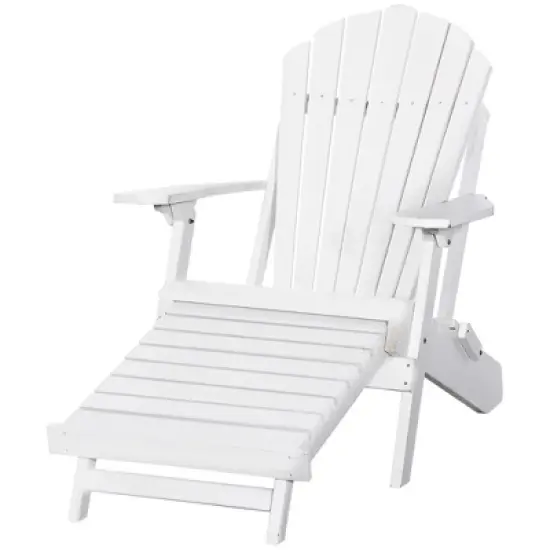 Outsunny Folding Adirondack Chair with Pull Out Ottoman, Outdoor Fir Wood Fire Pit Chair with Footrest, Porch Fanback Lounge for Patio, Garden, White image {3}
