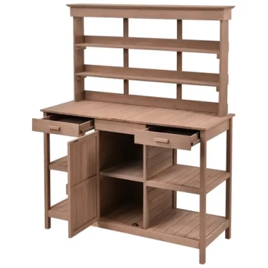 Whisen Outdoor Farmhouse Wooden Potting Bench Table, Garden Workstation with Drawers, Cabinet and Open Shelves image {7}