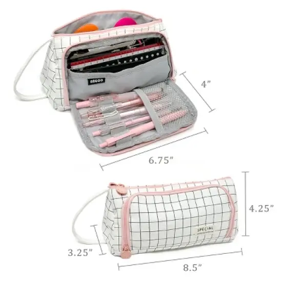 Wrapables Large Capacity Pencil Case, Portable Pencil Pouch for Stationery Office Supplies, Pink & White image {1}