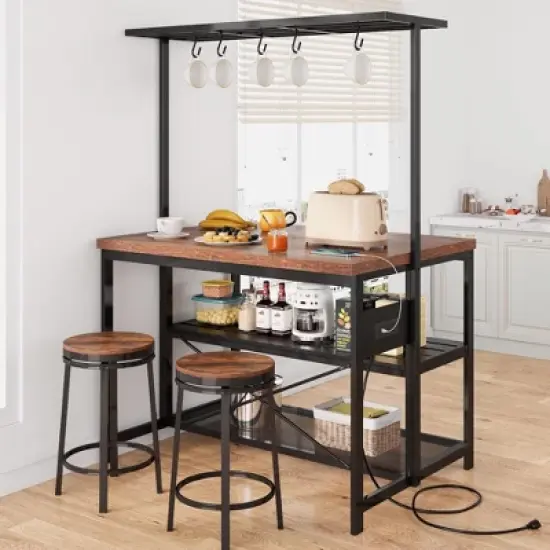 Coolmee 42/47 inch Kitchen Island with Storage & Seating - 3-Tier Bakers Rack, Microwave Stand, Dining Table for 4, 5 Hooks & 50lb Capacity image {8}