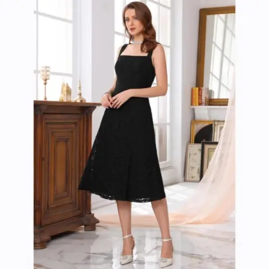 INSPIRE CHIC Women's Lace Prom Straps Square Neck Sleeveless Formal Evening Cocktail Midi Dresses image {1}