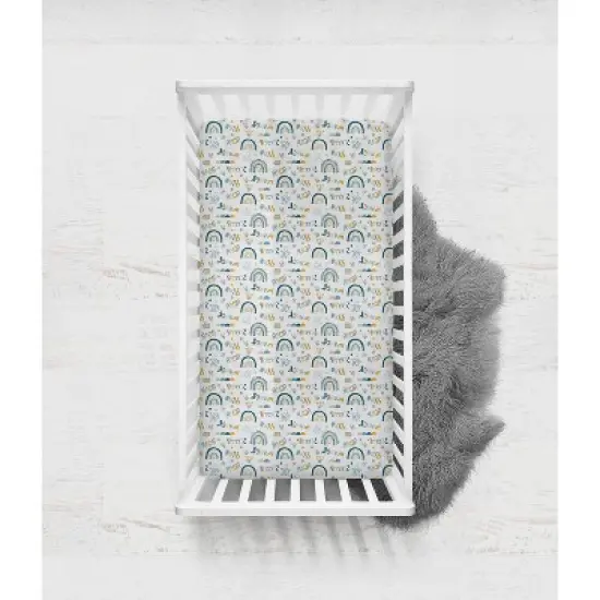 Bacati - Little Dino Boys Rainbow Teal/Yellow Muslin 100 percent Cotton Muslin Universal Baby US Standard Crib or Toddler Bed Fitted Sheet image {2}