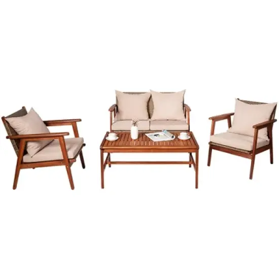 Costway 4PCS Patio Rattan Furniture Set Acacia Wood Frame Cushioned Sofa Chair Garden image {1}