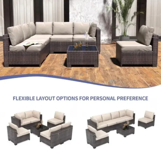 7-Piece Outdoor Patio Furniture Set, All-Weather Wicker Sectional Sofa with Cushions & Coffee Table, Rattan Set for Garden, Porch, Balcony image {4}