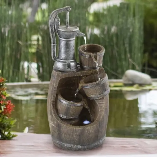 Nature Spring Old-Fashioned Hand Pump and Barrel 4-Tier Fountain With Cascading Waterfall and LED Lights - Brown image {2}