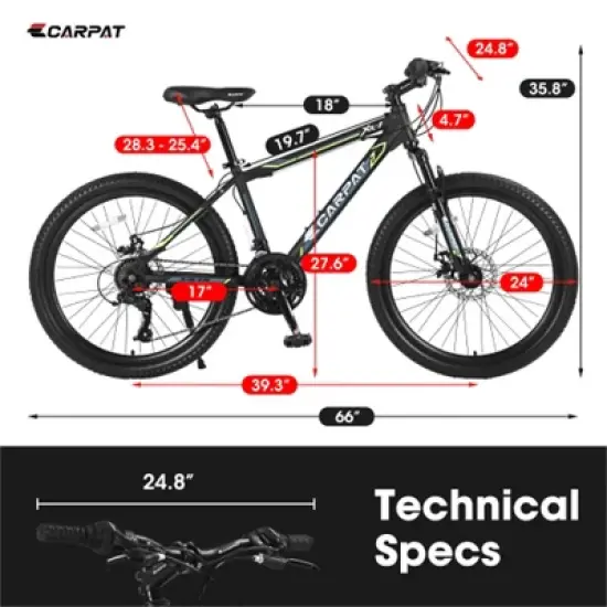 VASIP 24 Inch Mountain, Shimano 21 Speed Steel Frame Mountain Bicycle with Dual Disc Brakes and Front Suspension MTB for Boys and Girls image {2}