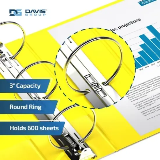 Premium Economy 3" Round Ring Binder 6pk Yellow: Davis Group, Hard Cover, 600 Sheet Capacity, 2 Pockets, Polypropylene image {2}
