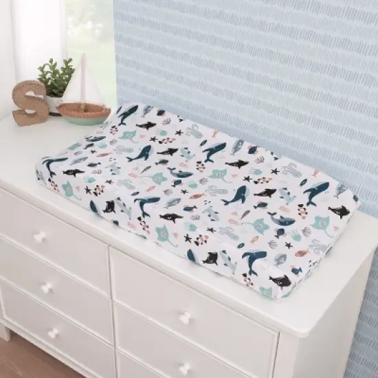 NoJo Explore Dream Discover Light Blue, Navy, Gray, and Coral Super Soft Contoured Changing Pad Cover image {1}