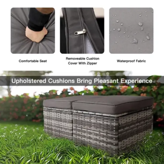 FIONECA All-Weather Outdoor Ottoman with Storage &uml;C PE Wicker Patio Footstool, Gray image {4}
