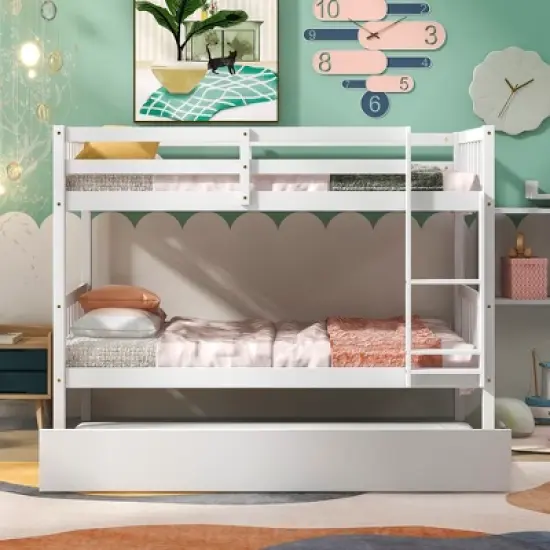 Twin Over Twin Wood Bunk Bed with Trundle, Safety Rail and Ladder-ModernLuxe image {2}