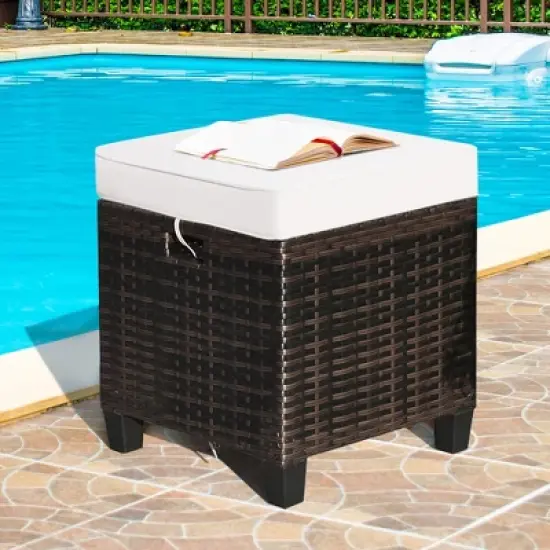 Costway 2PCS Patio Rattan Ottoman Cushioned Seat Beige image {4}