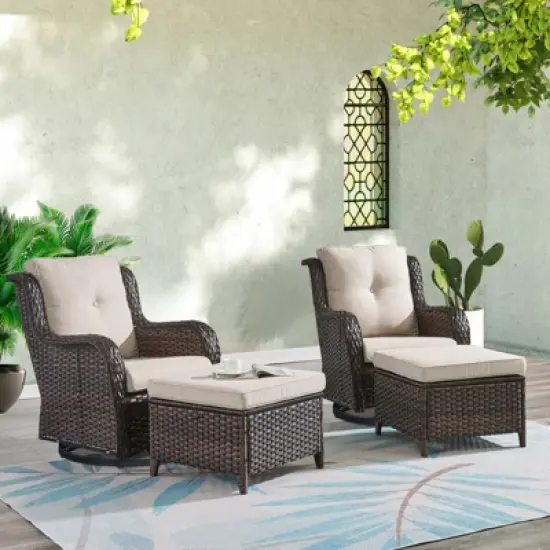 POCASSY Outdoor Swivel Glider Chairs Set of 2 with Ottomans, Patio Furniture Set with All Weather Wicker Outdoor Lounge Accent Chair for Porch Deck image {9}
